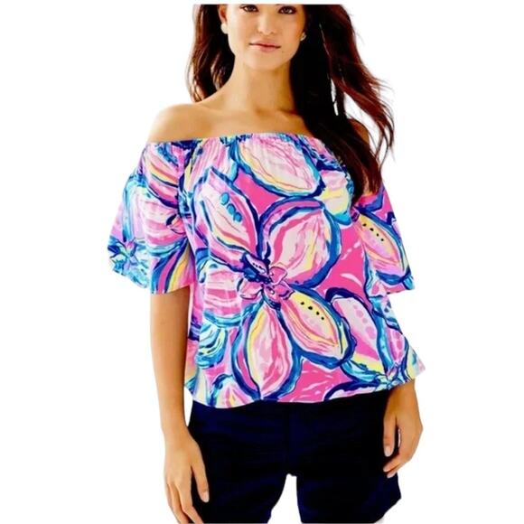 Lilly Pulitzer Off The Shoulder Sain Top in Pink Sunset - Size Small - Picture 1 of 6